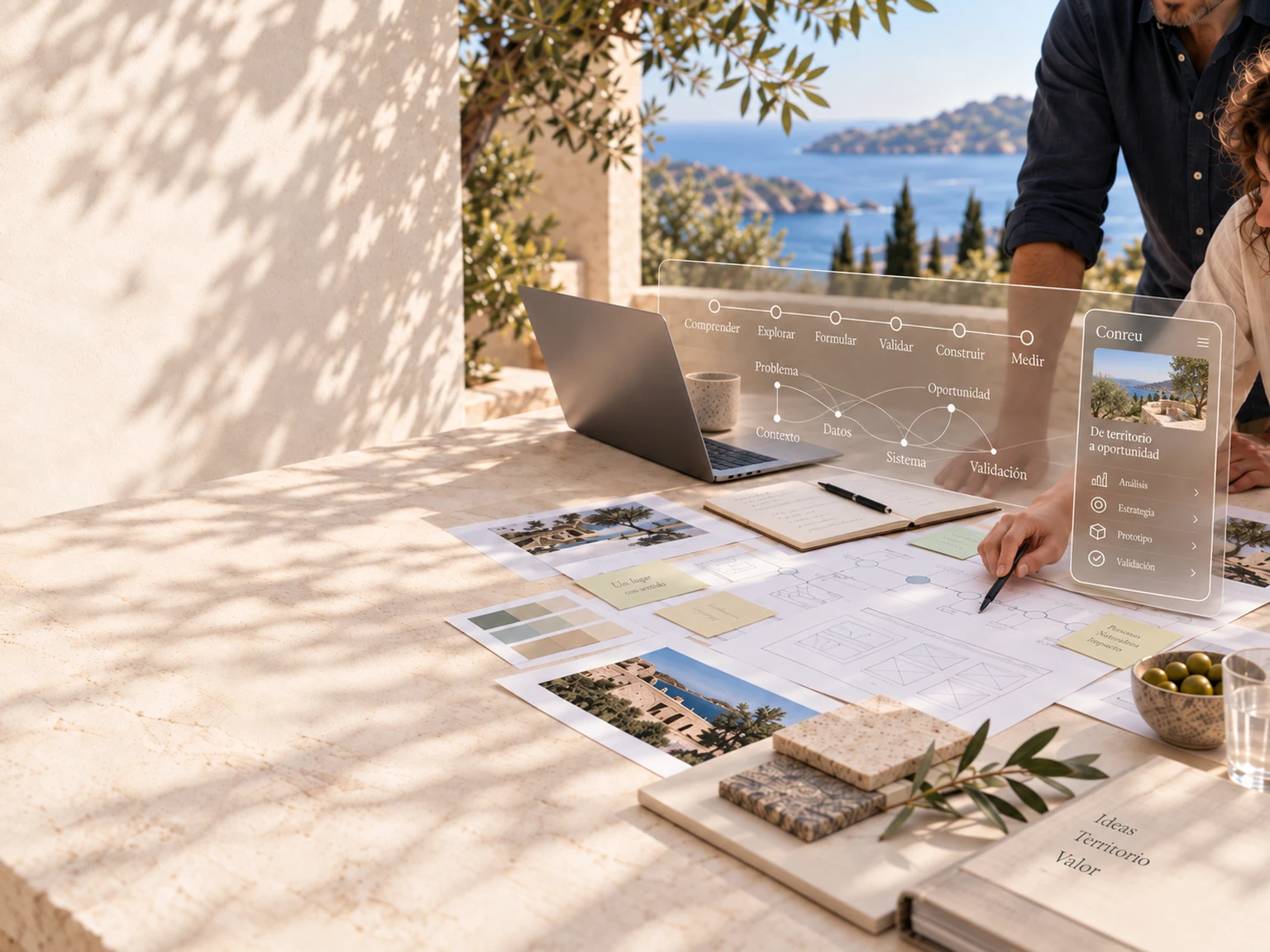 Manos trazan un prototipo sobre una mesa de piedra iluminada por el sol; mapas, materiales y un flujo de decisiones conectan el trabajo con el paisaje exterior.