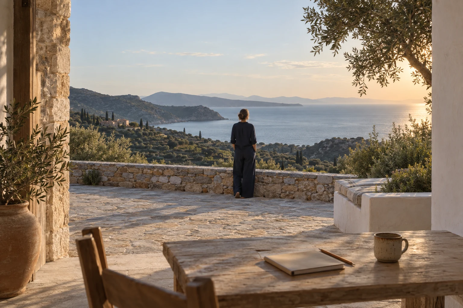 Una persona contempla el horizonte marino desde una terraza de piedra; en primer plano queda una mesa con cuaderno y cerámica, sin pantallas.