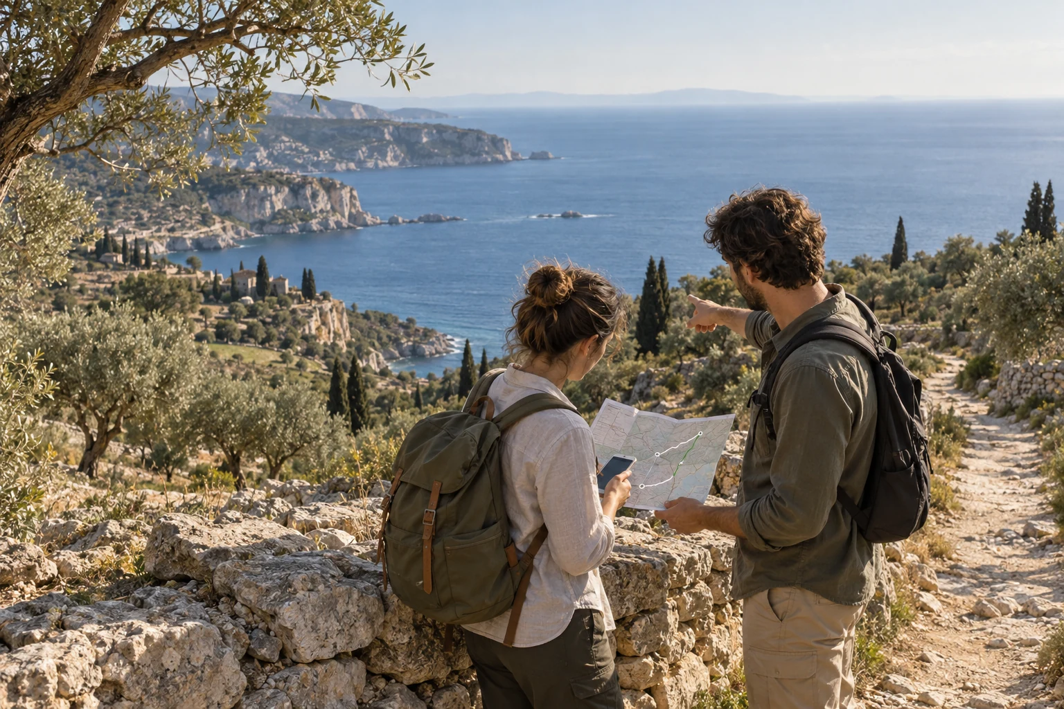 Dos viajeros comparan un mapa y un móvil para elegir un recorrido entre olivos, piedra y un amplio horizonte marino.